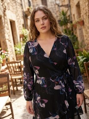 Whimsigoth Dark Romance Sheer Floral Wrap Dress Long Sleeve Ruffle V-Neck